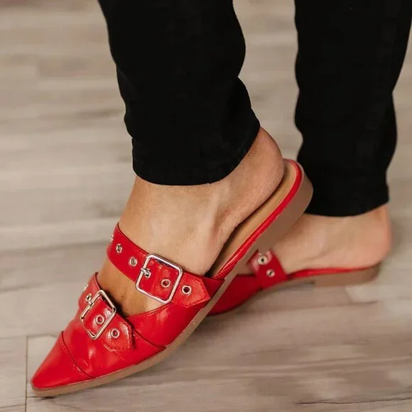 New Red Pointed Toe Slide Flat Loafers Mules Shoes Slip-On Silver Buckle Strap - Picture 2 of 4